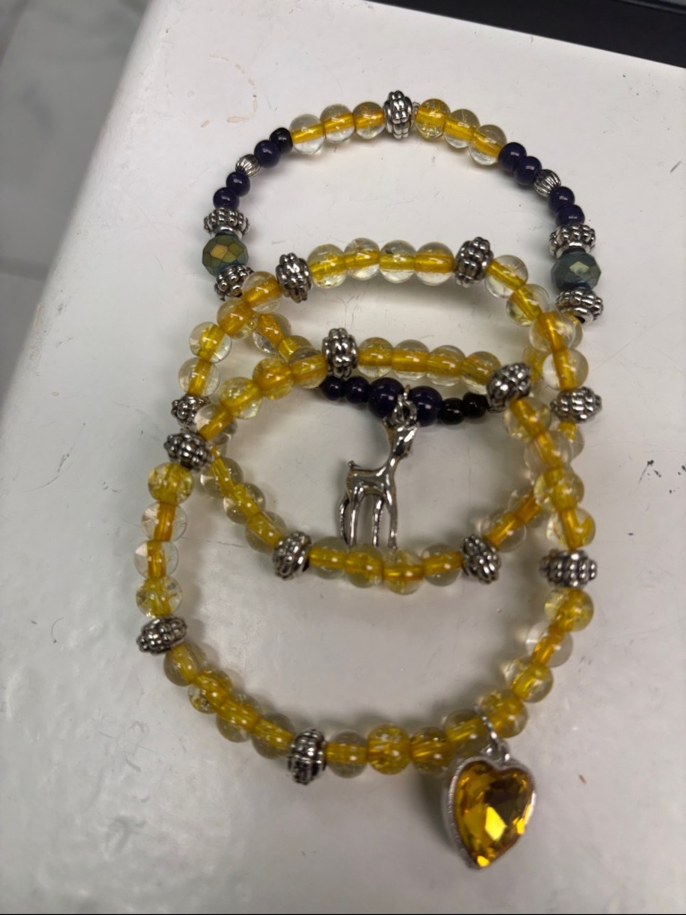 Yellow Beaded Heart Charm Bracelet Set of three with charm - Women Jewelry